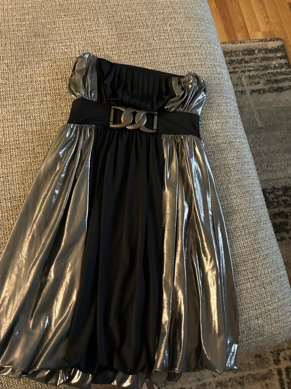 Strapless Metallic Silver and Black Party Dress with Decorative Buckle